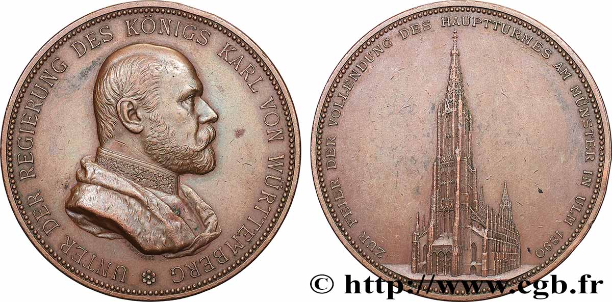 ALLEMAGNE - ROYAUME DE WURTEMBERG - CHARLES Ier Médaille, Achèvement de la tour principale de la cathédrale d’Ulm TTB+