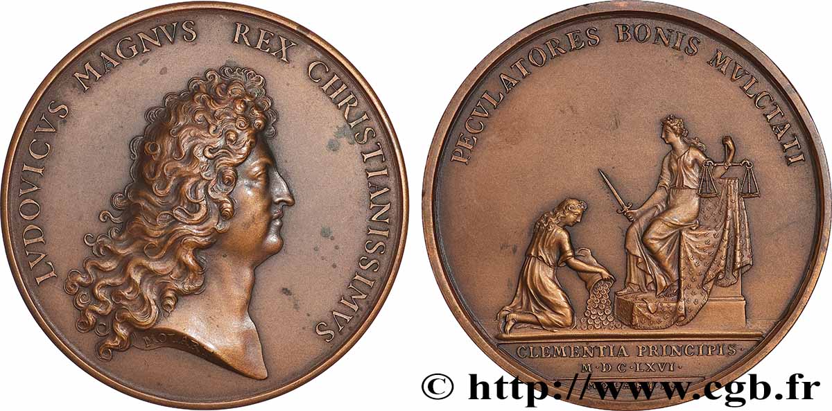 LOUIS XIV LE GRAND OU LE ROI SOLEIL Médaille, Clémence du roi envers les traitants, refrappe SUP