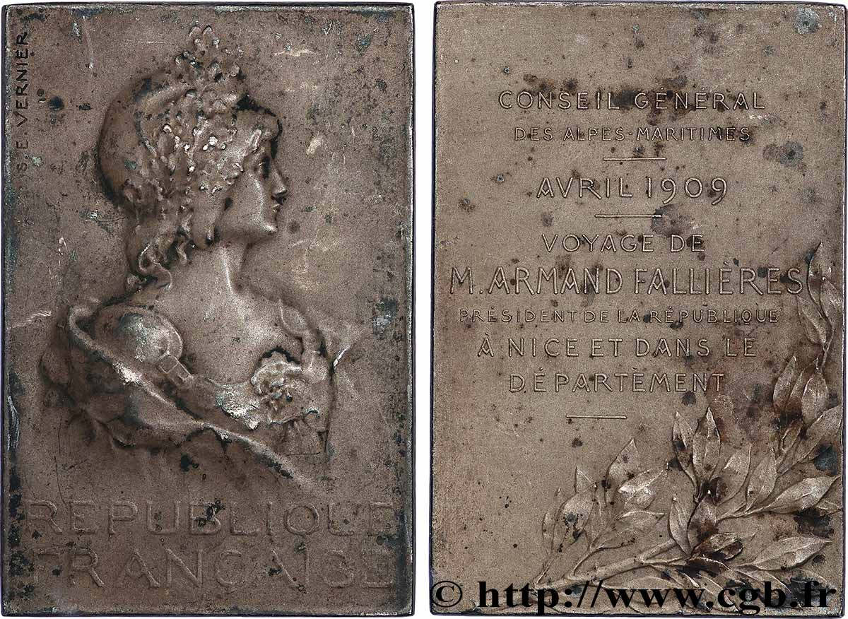 III REPUBLIC Plaquette, République, Conseil général des Alpes-Maritimes, Voyage de Monsieur Armand Fallières AU