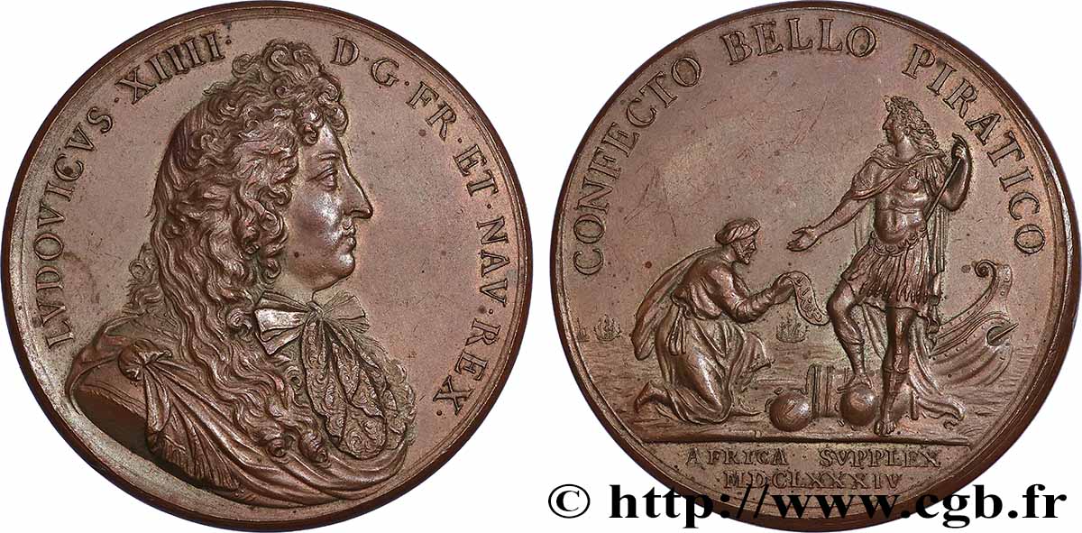 LOUIS XIV LE GRAND OU LE ROI SOLEIL Médaille, Paix imposée aux pirates, refrappe TTB+