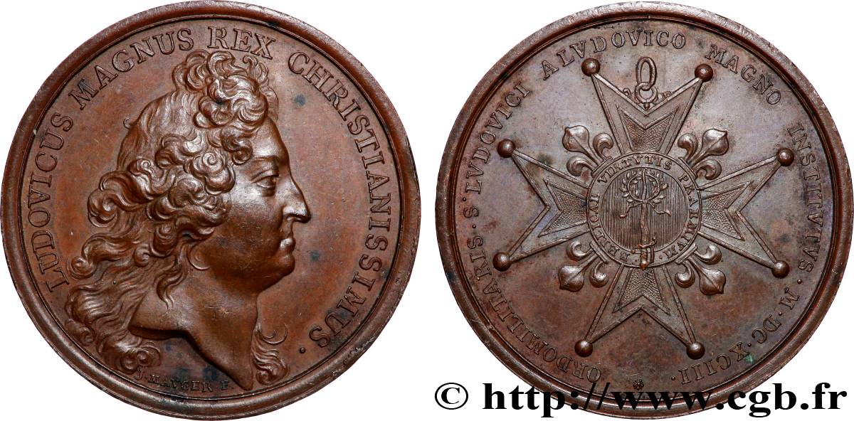 LOUIS XIV LE GRAND OU LE ROI SOLEIL Médaille, Institution de l&nbsp;Ordre militaire de Saint-Louis TTB+/SUP
