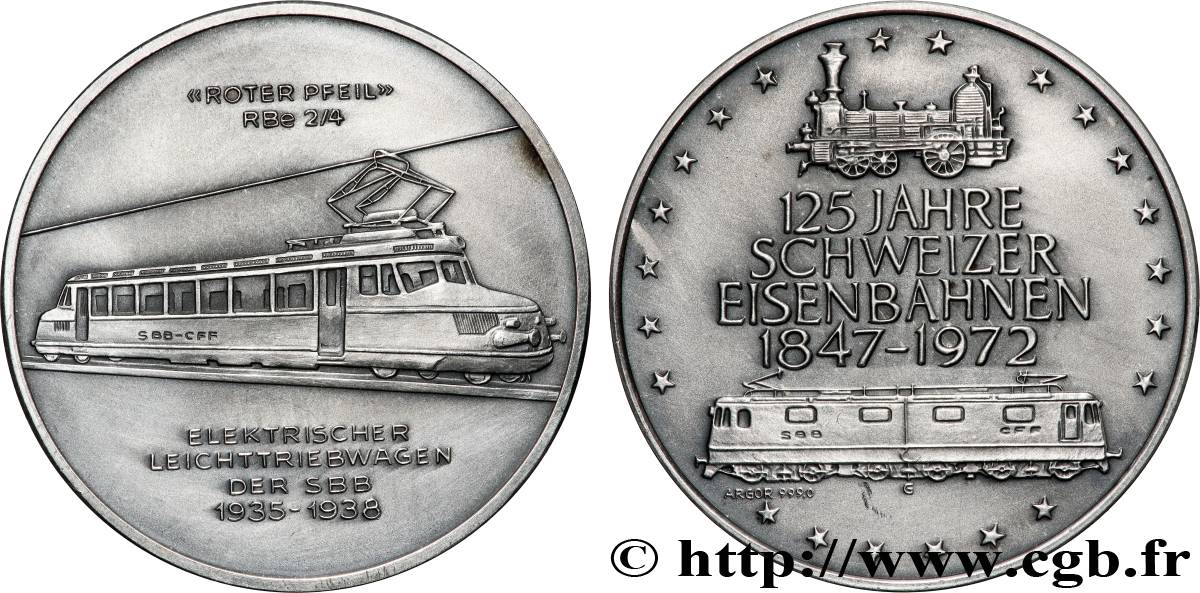 SUISSE Médaille, 125e anniversaire des chemins de fer suisse, Flèche rouge SUP