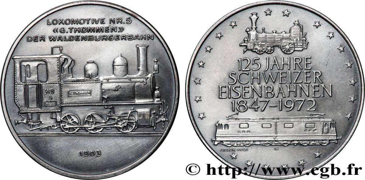SUISSE Médaille, 125e anniversaire des chemins de fer suisse, Locomotive G. Thommen SUP