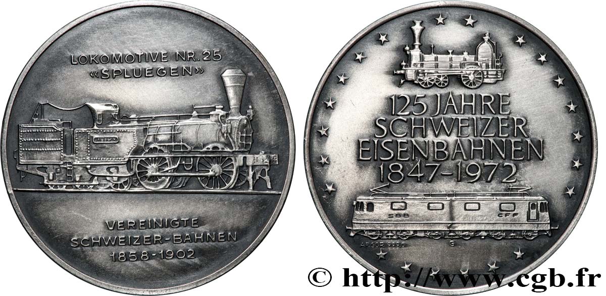 SUISSE Médaille, 125e anniversaire des chemins de fer suisse, Locomotive n°25 Spluegen SUP