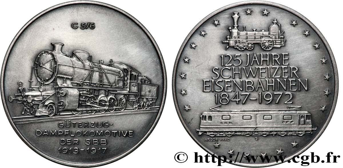 SUISSE Médaille, 125e anniversaire des chemins de fer suisse, Locomotive à vapeur SUP