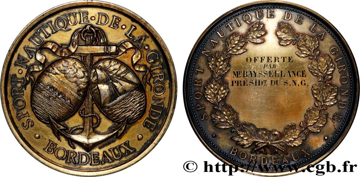 TROISIÈME RÉPUBLIQUE Médaille, Sport nautique de la Gironde, 2.e type TTB+/TTB