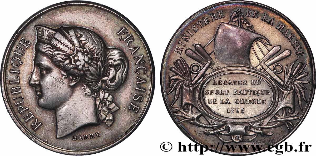 TROISIÈME RÉPUBLIQUE Médaille, Sport nautique de la Gironde, 4.e type TTB/TTB+