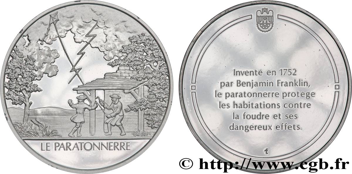 DIE 100 GRÖSSTEN ERFINDUNGEN DER MENSCHHEIT Médaille, Invention du paratonnerre Polierte Platte