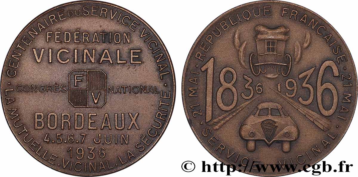TROISIÈME RÉPUBLIQUE Médaille, Congrès du centenaire du service Vicinal TTB+