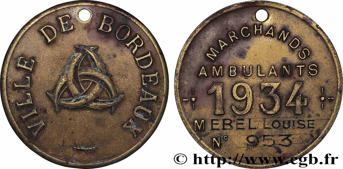 TROISIÈME RÉPUBLIQUE Médaille de métier, Marchand Ambulant, n°953, 5.e type TTB