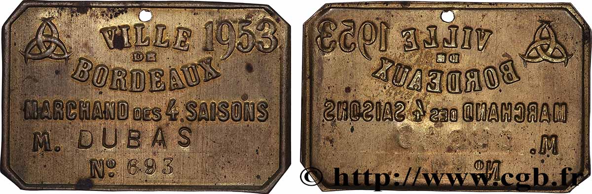 TROISIÈME RÉPUBLIQUE Plaque de métier, Marchand des 4 saisons, N°693, 2.e type TTB