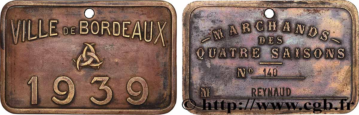 TROISIÈME RÉPUBLIQUE Plaque de métier, Marchand des Quatre-saisons, N° 140, 1.e type TTB+