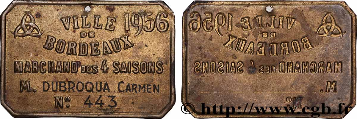 QUATRIÈME RÉPUBLIQUE Plaque de métier, Marchand des 4 saisons, N°443, 2.e type TTB