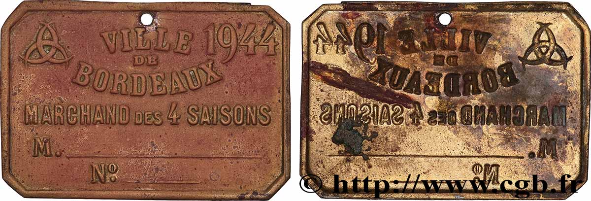 PROVISORY GOVERNEMENT OF THE FRENCH REPUBLIC Plaque de métier, Marchand des 4 saisons, 2.e type fVZ
