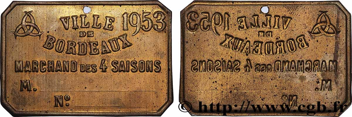 QUATRIÈME RÉPUBLIQUE Plaque de métier, Marchand des 4 saisons, 2.e type TTB+