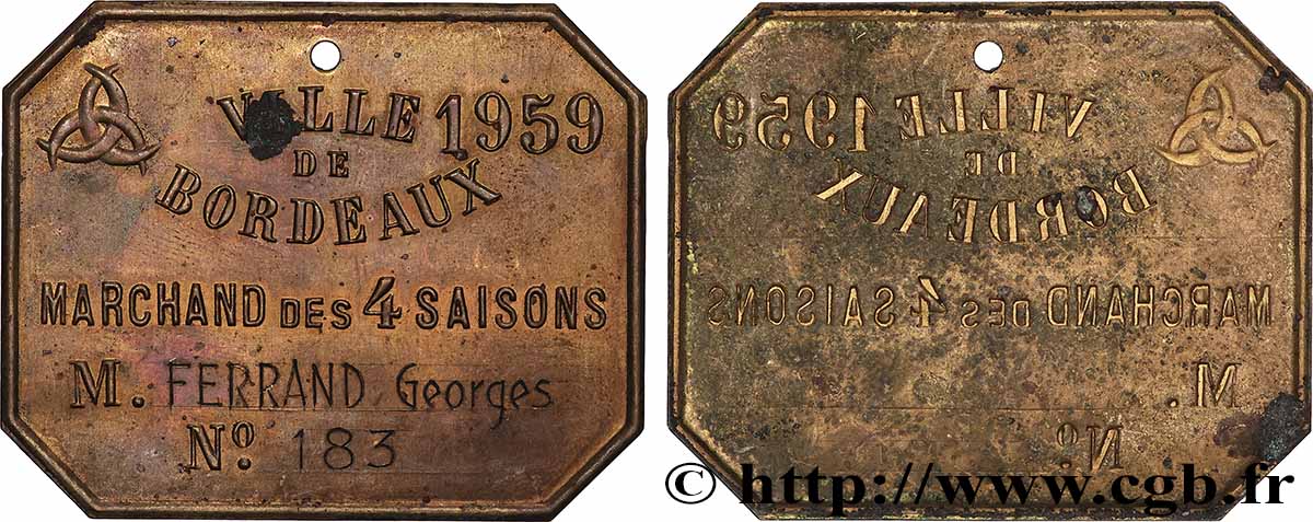 CINQUIÈME RÉPUBLIQUE Plaque de métier, Marchand des 4 saisons, N° 183, 3.e type TTB+