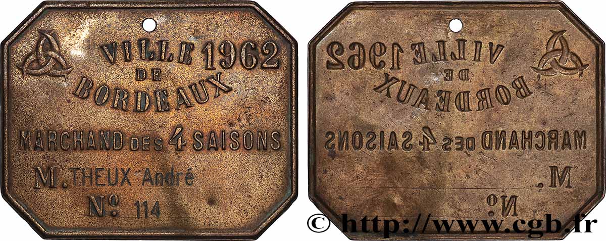 CINQUIÈME RÉPUBLIQUE Plaque de métier, Marchand des 4 saisons, N° 114, 3.e type TTB+