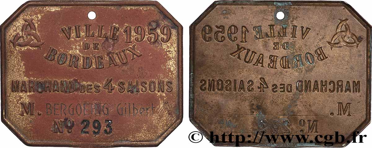 CINQUIÈME RÉPUBLIQUE Plaque de métier, Marchand des 4 saisons, N° 293, 3.e type TTB+