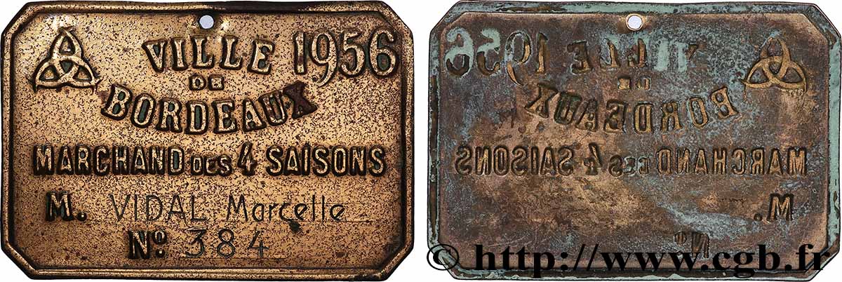 QUATRIÈME RÉPUBLIQUE Plaque de métier, Marchand des 4 saisons, N° 384 2.e type TTB+