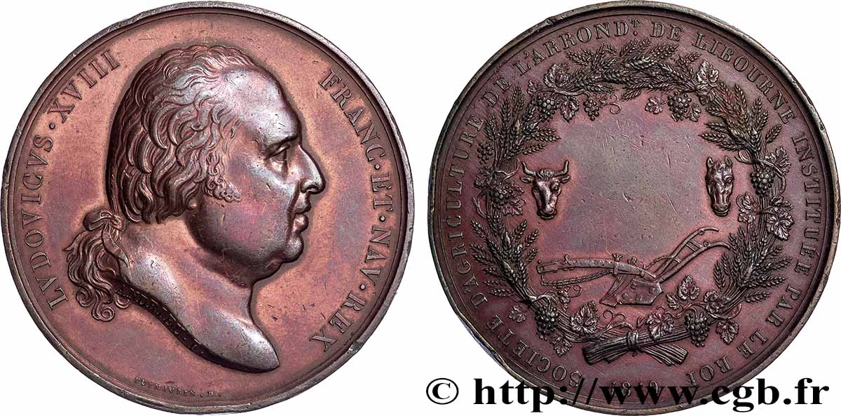 LOUIS XVIII Médaille, Société d’agriculture TTB+/TTB