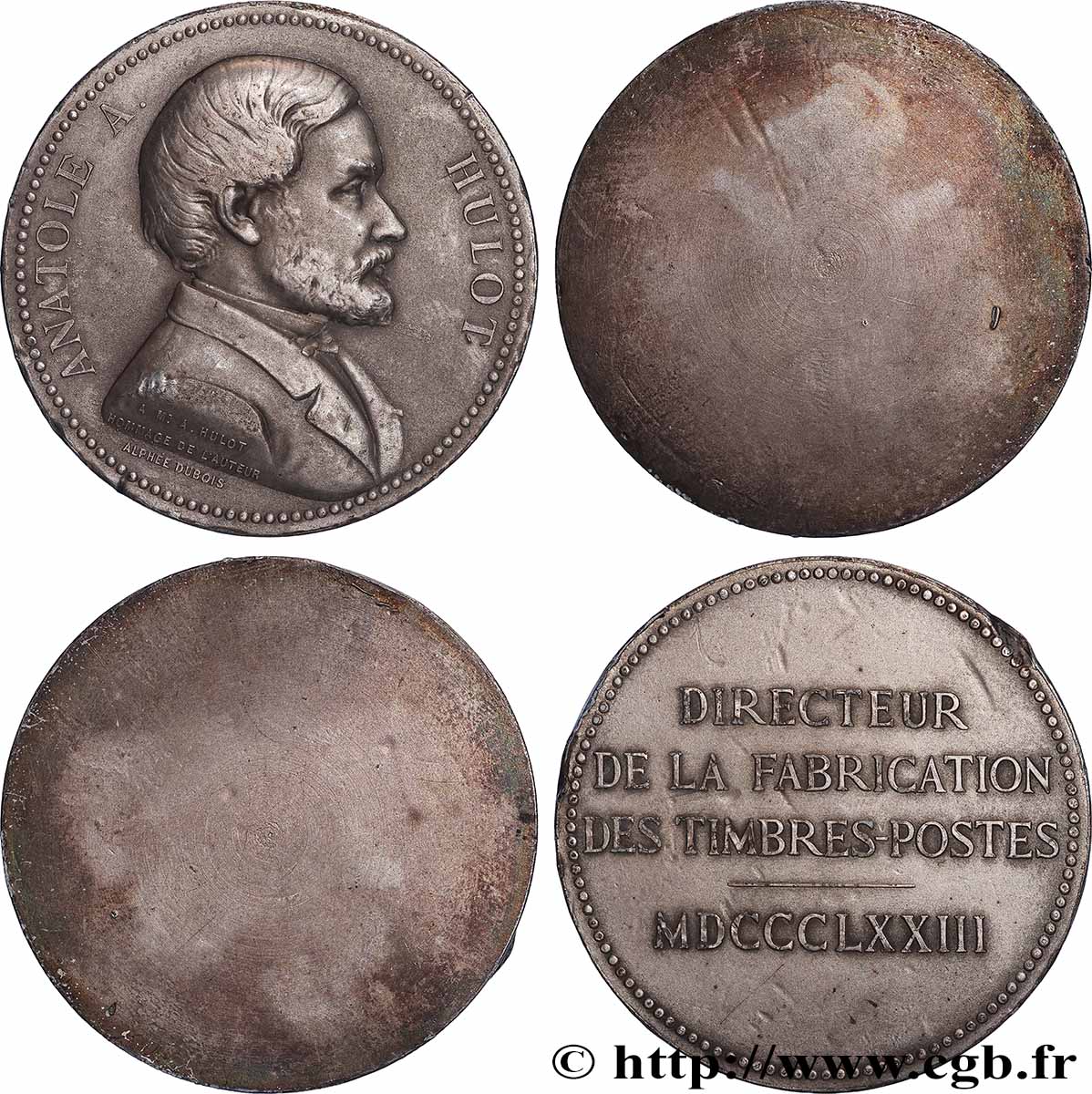 TROISIÈME RÉPUBLIQUE Lot de 2 Médailles, Anatole Hulot, directeur de la fabrication des timbres-postes, épreuves unifaces TTB+