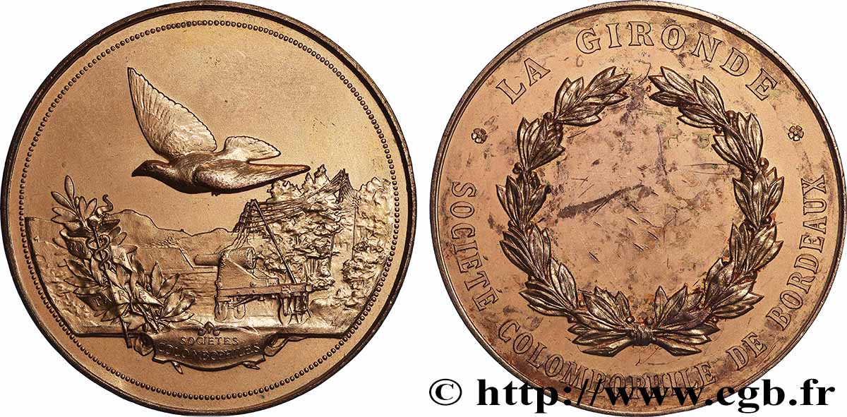 TROISIÈME RÉPUBLIQUE Médaille, Société de colombophilie, La Gironde TTB+
