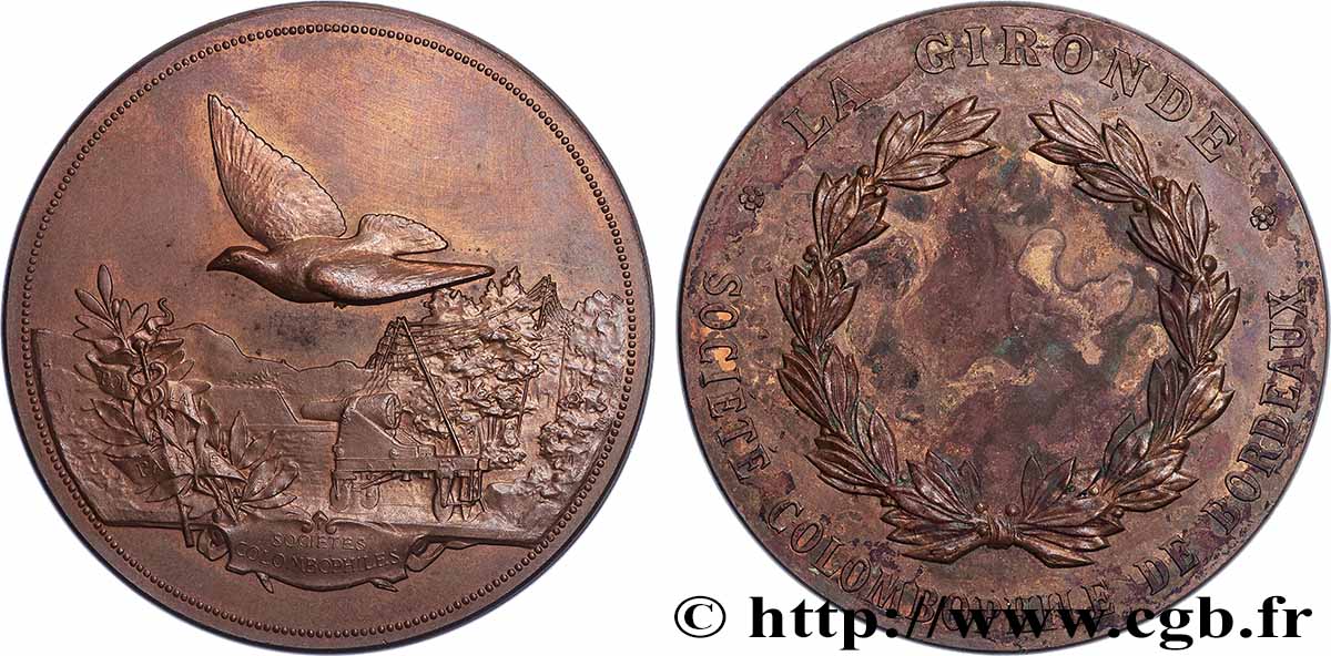III REPUBLIC Médaille, Société de colombophilie, La Gironde XF