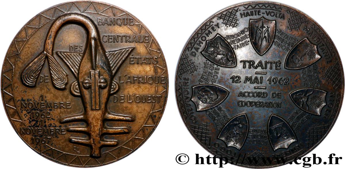 ÉTATS DE L&nbsp;AFRIQUE DE L&nbsp;OUEST (BCEAO) Médaille, Traité des accords de coopération, Banque Centrale des États de l&nbsp;Afrique de l&nbsp;Ouest TTB+