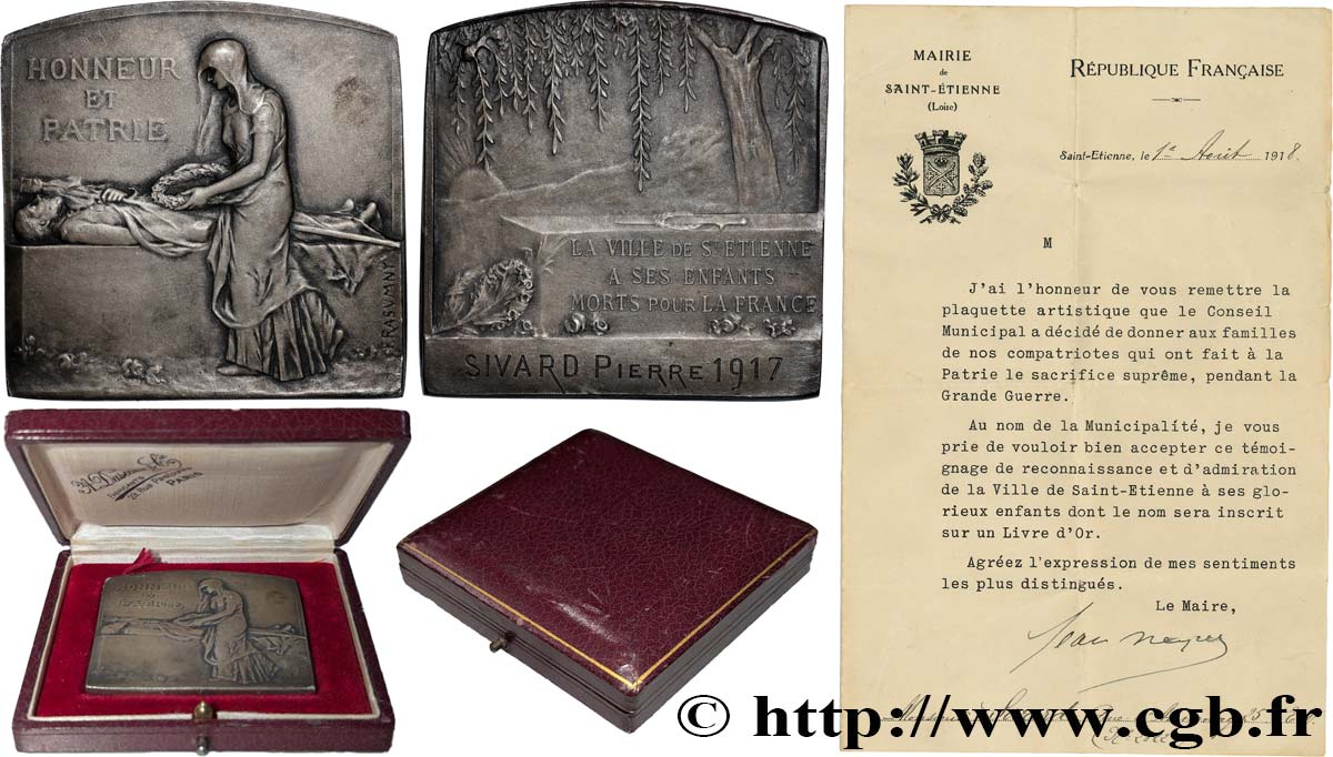 III REPUBLIC Médaille, Honneur et Patrie, Reconnaissance de la ville de Saint-Étienne AU