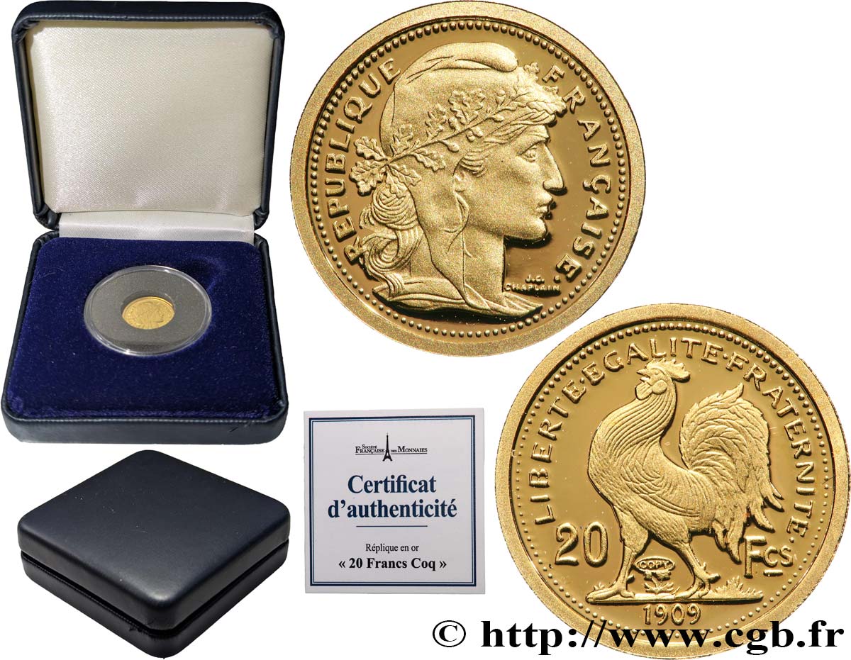 CINQUIÈME RÉPUBLIQUE Médaille, Reproduction 20 Francs Coq Marianne BE