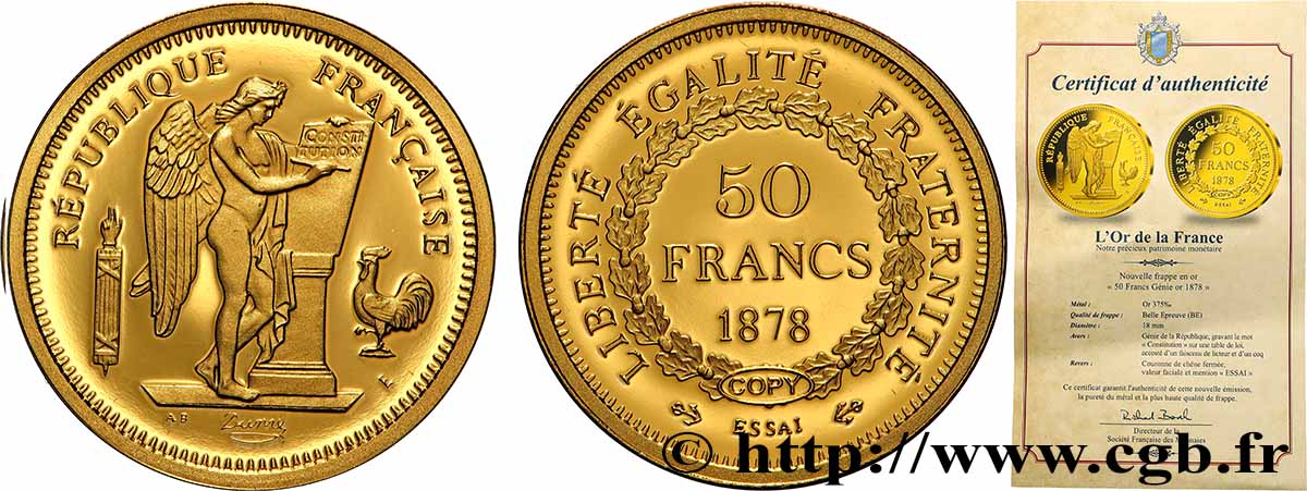L&nbsp;OR DE LA FRANCE Médaille, Reproduction de monnaie, Essai de 50 Francs or Génie BE