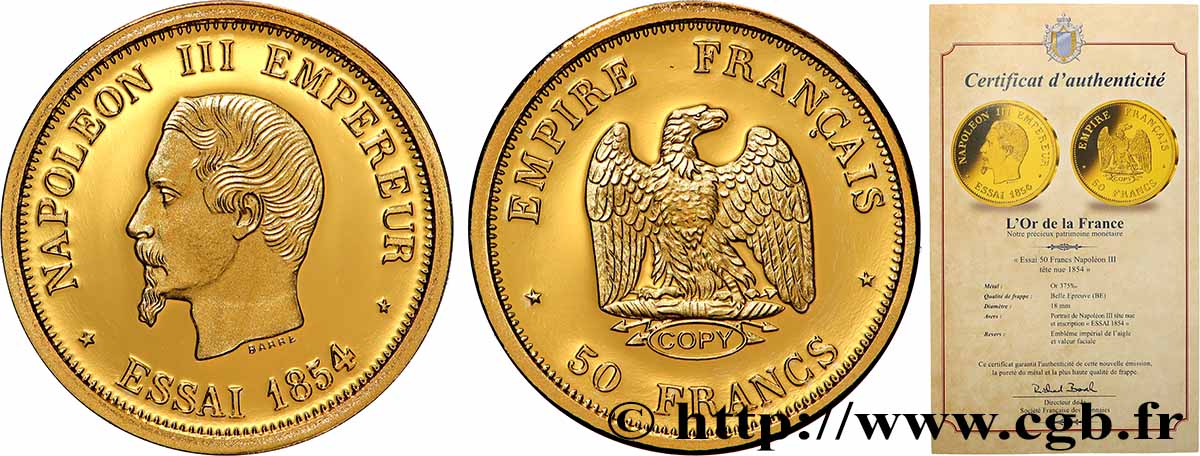 L&nbsp;OR DE LA FRANCE Médaille, Reproduction de monnaie, Essai 50 Francs Napoléon III BE