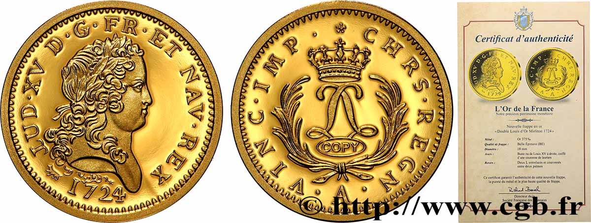 L&nbsp;OR DE LA FRANCE Médaille, Reproduction de monnaie, Louis d&nbsp;or aux deux L entrelacées et aux palmes longues BE