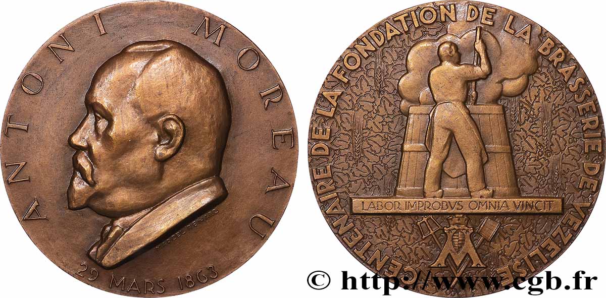 CINQUIÈME RÉPUBLIQUE Médaille, Antoni Moreau, Centenaire de la fondation de la brasserie de Vezelise SUP