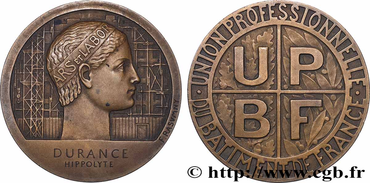 TROISIÈME RÉPUBLIQUE Médaille, Union professionnelle du bâtiment de France TTB+