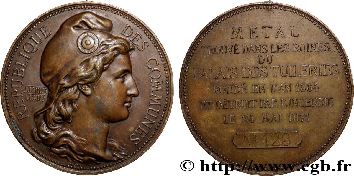 THE COMMUNE Médaille, République des Communes, métal trouvé dans les ruines du Palais des Tuileries, n°134 q.SPL
