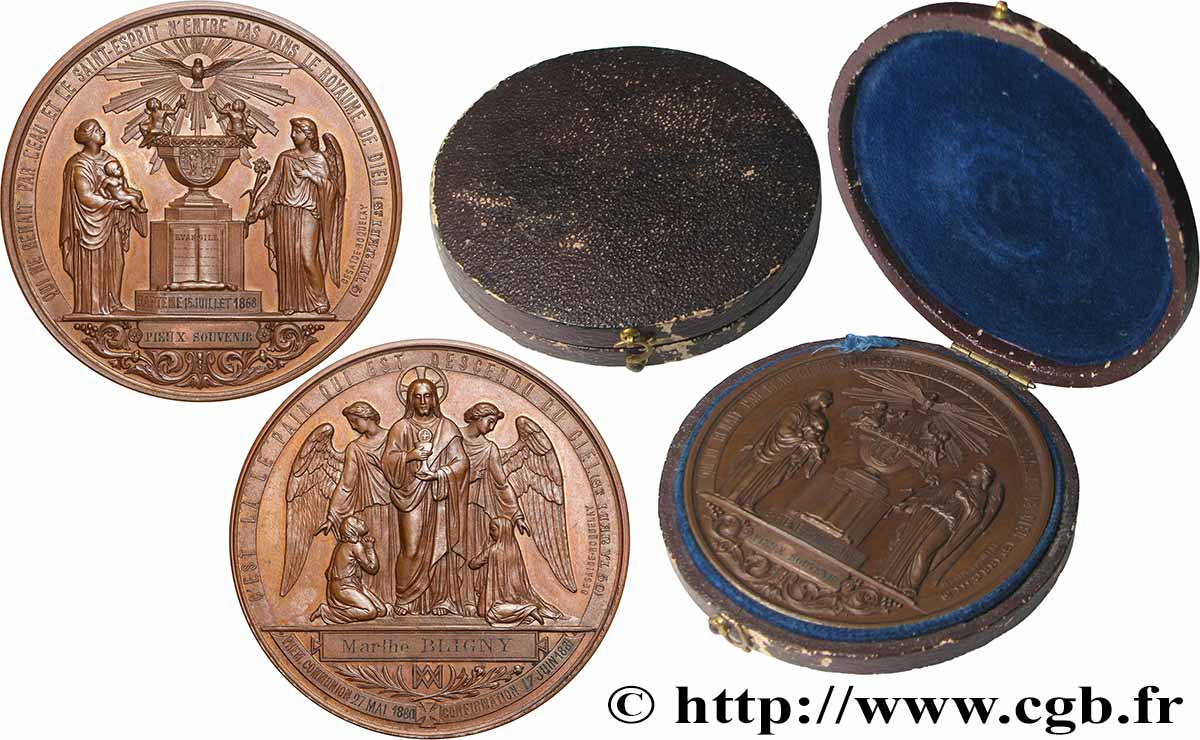 SECOND EMPIRE Médaille de baptême et première communion AU