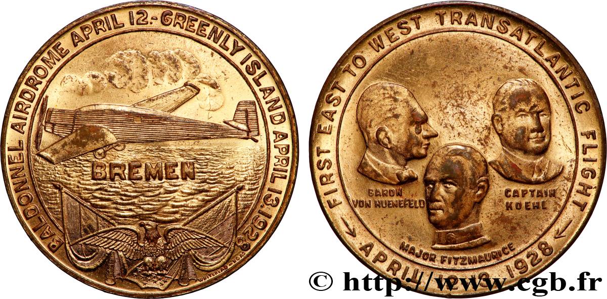 ÉTATS-UNIS D&nbsp;AMÉRIQUE Médaille, Premier vol transatlantique rapide vers l’Ouest q.SPL