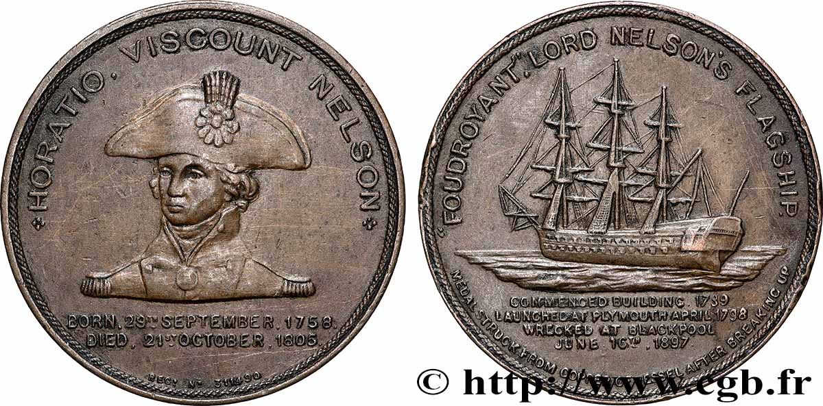 GRANDE BRETAGNE - VICTORIA Médaille, Horatio Nelson, Le Foudroyant TTB