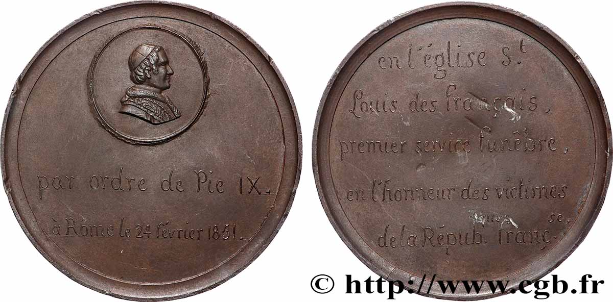 DEUXIÈME RÉPUBLIQUE Médaille, Premier service funèbre rendu en l’honneur des victimes de la République Française TTB+