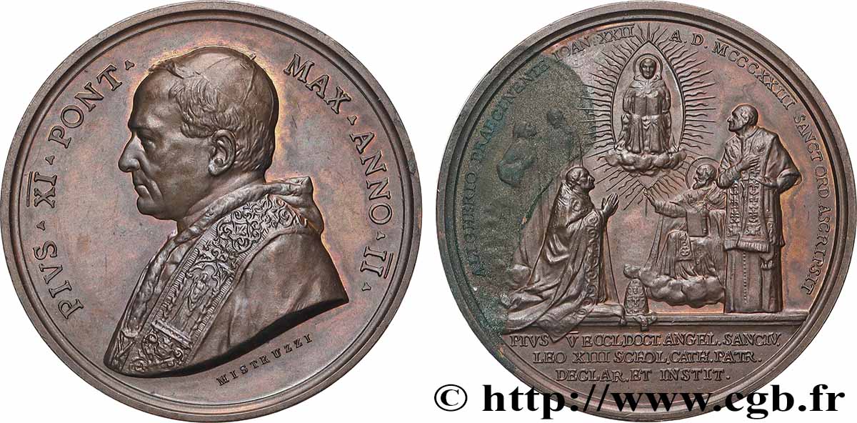VATICAN - PIUS XI (Achille Ratti) Médaille, 6e centenaire de la canonisation de Saint Thomas d’Aquin AU/AU