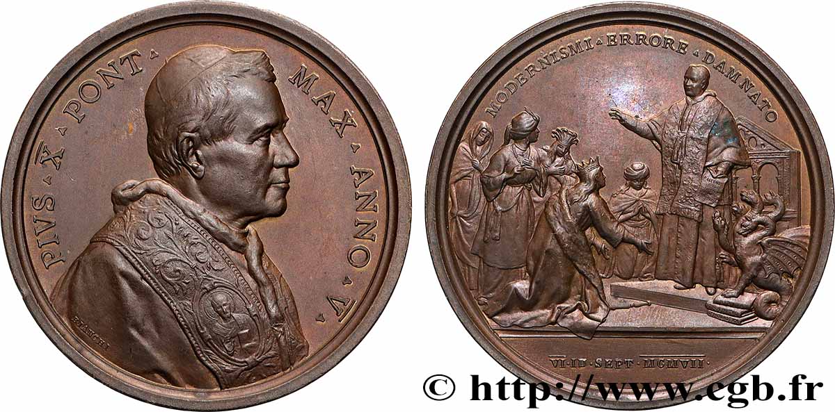 VATICAN - PIE X (Giuseppe Melchiorre Sarto) Médaille, Encyclique Pascendi Dominici gergis (Paître le troupeau du Seigneur) SUP