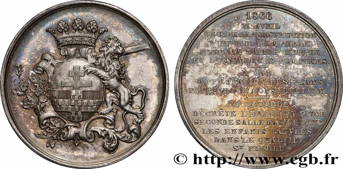SECOND EMPIRE Médaille, Construction d’un tir à la cible, Érection d’une seconde salle d’asile pour les enfants pauvres AU