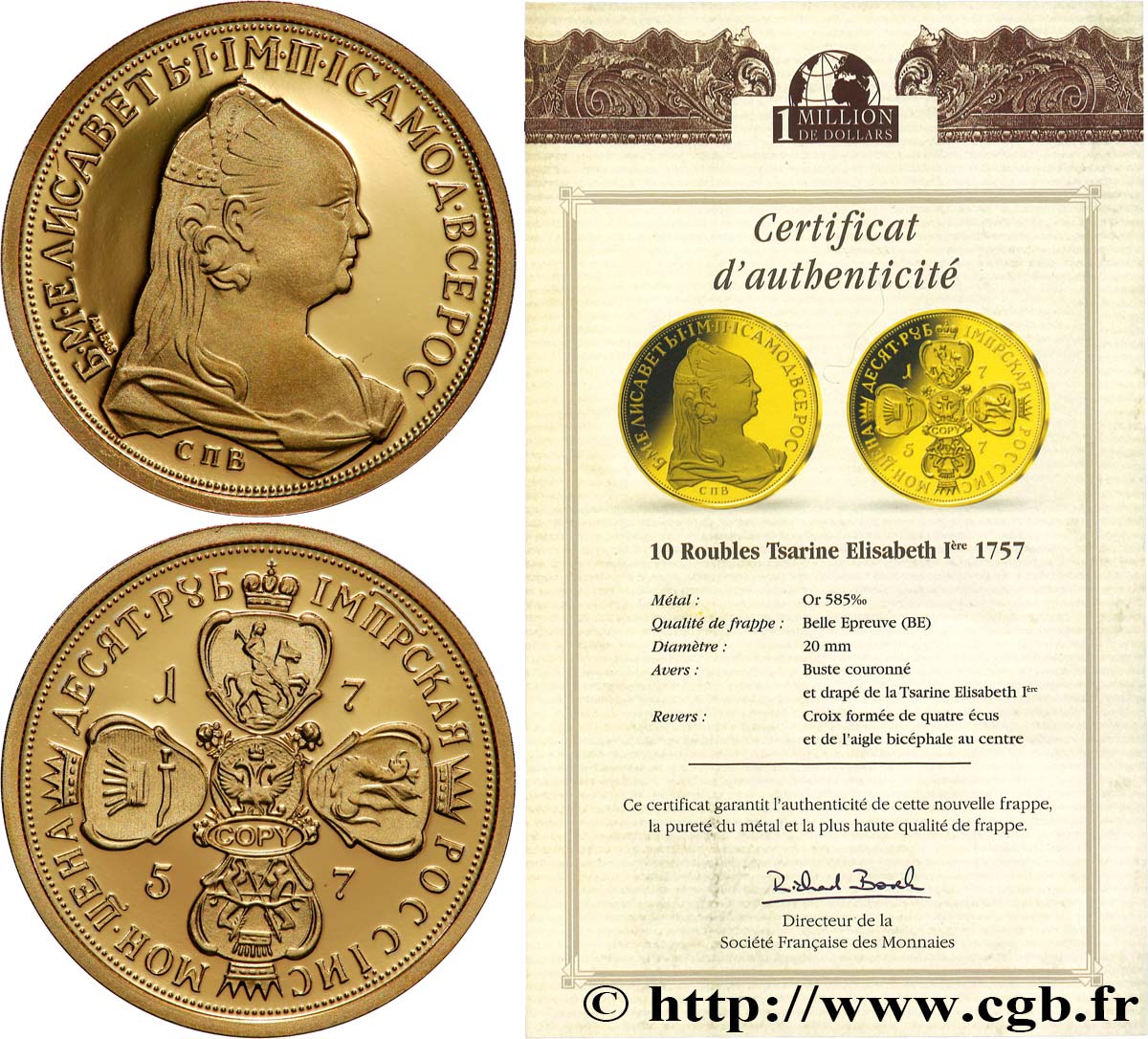 1 MILLION DOLLAR SERIES Médaille, Reproduction d’une monnaie, 10 roubles Elisabeth Ier Proof set