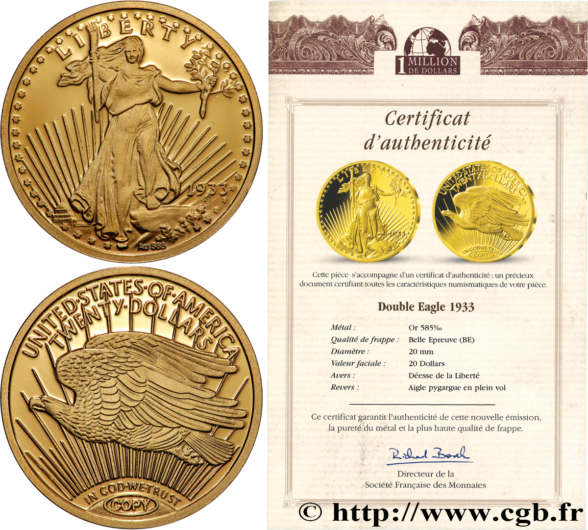 1 MILLION DOLLAR SERIES Médaille, Reproduction d’une monnaie, 20 dollars Proof set