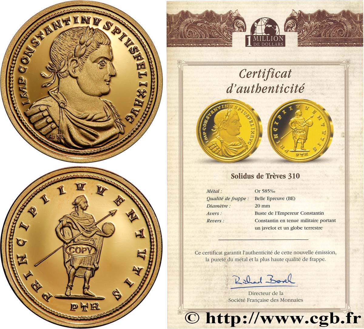 1 MILLION DOLLAR SERIES Médaille, Reproduction d’une monnaie, Solidus de Trèves, Constantin Ier Proof set