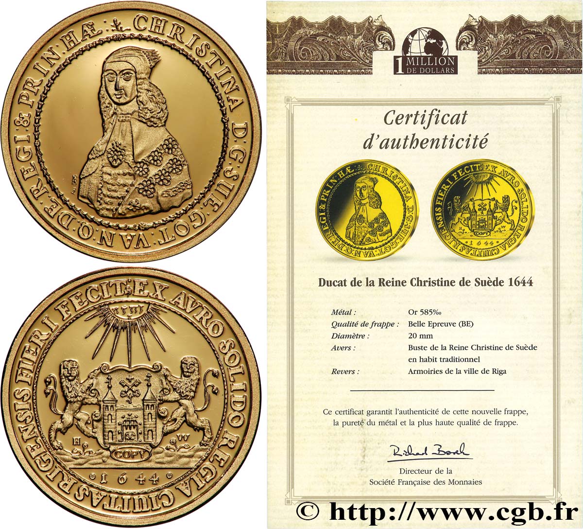 1 MILLION DOLLAR SERIES Médaille, Reproduction d’une monnaie, 6 Ducats de Christine de Suède Proof set