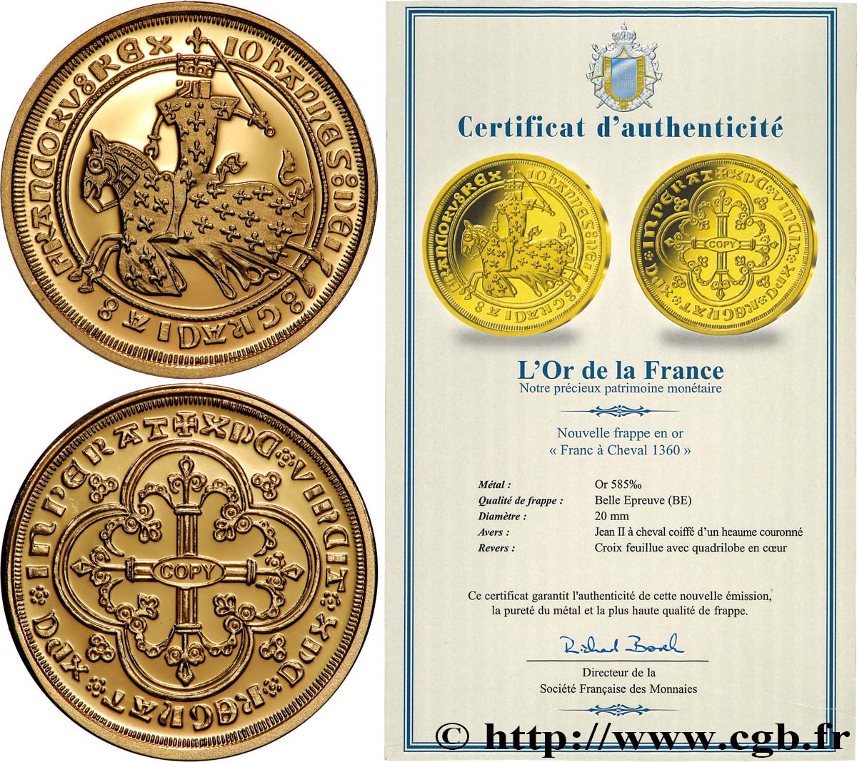 L&nbsp;OR DE LA FRANCE Médaille, Reproduction de monnaie, Franc à cheval de Jean II le Bon Proof set