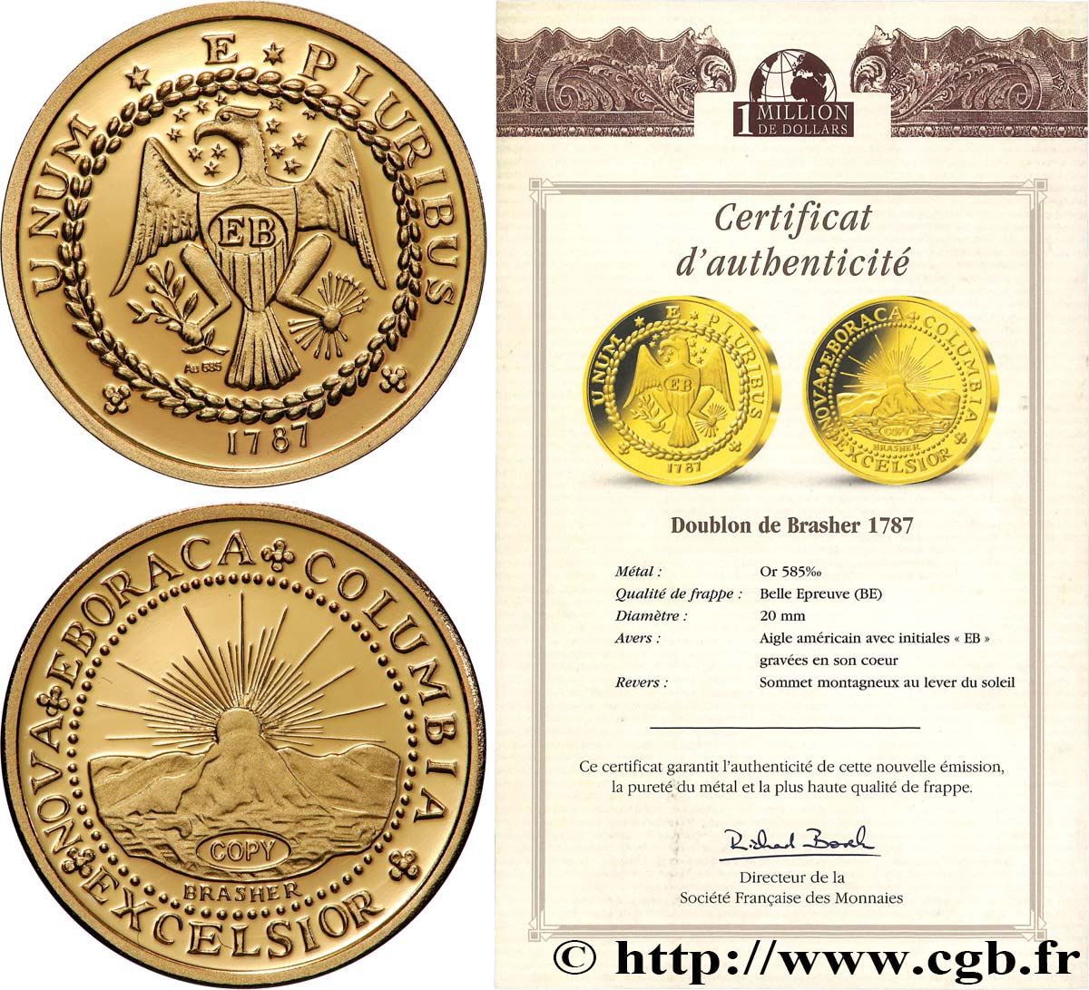 1 MILLION DOLLAR SERIES Médaille, Reproduction de monnaie doublon de brasher Proof set