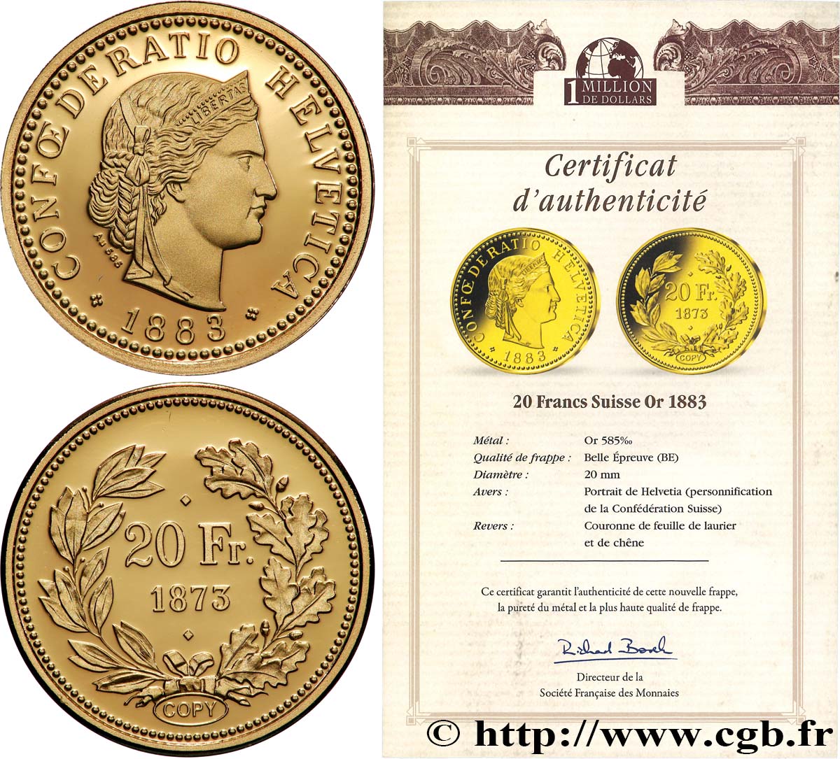 1 MILLION DOLLAR SERIES Médaille, Reproduction monnaie, 20 francs suisse Proof set